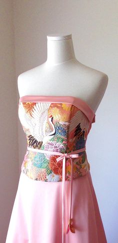 Wedding dress vintage KIMONO top GEISHA pink gold brocade crane flower embroidery OBI bow string spring flower belt A line made to order Kimono Geisha, Shirts Embroidery, Embroidery Kimono, Wedding Dress Vintage, Embroidery Skirt, Kimono Vintage, Wedding Kimono, Gold Brocade, Japanese Embroidery