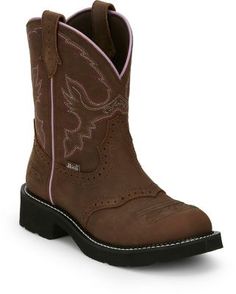 Sleek and chic, the 8 in. tall Gemma Justin Gypsy Women's boot is ready to rodeo. The leather upper is accented by a delicate stitch pattern and is an unexpected pop of color that compliments the brown foot. The seam on the quarter and trim on the collar give this boot an elegant feel. Its round toe and unit heel provide an easy fit and the J-Flex Flexible Comfort System insole with removable orthotic inserts add cushion and support in or out of the saddle. Material: Cowhide Toe Shape: Round Hee Timber Boots, Fatbaby Boots, Wade Saddles, Round Toe Boots, Baby Jeans, Steel Toe Work Boots, Western Boots Women, Justin Boots, Cowboy Boots Women