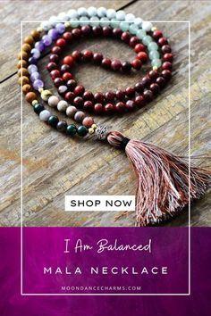 Mala Beads Necklace I Am Balanced. This Unique Mala is made of 108 beads of Jasper, Howlite, amazonite, and rhodonite. This Mala is to help you to connect to the source of spirituality. Malas and meditation go hand in hand and help you to enhance your spirituality. Get inspired by the meaning of the mala beads and invite them to your meditation We offer a variety of meditation tools, Japa mala 108 beads. Our malas are handcrafted using natural stones. Check our website for more> Mala Bead Necklace, Meditation Tools, 108 Bead, Mala Necklace, Chakra Stones, Hand In Hand, Mala Beads, Beads Necklace, The Source