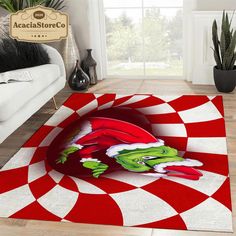 the grin face is on top of red and white checkered area rug