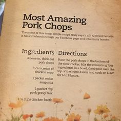 the menu for most amazing pork chops is shown in front of an image of wildflowers