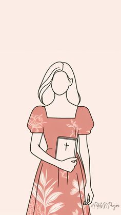 a drawing of a woman in a pink dress holding a book and looking at her phone