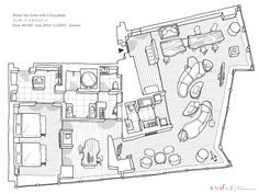 the floor plan for an apartment with two beds and one living room, which is very large