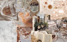 a collage of images with many different things in them, including books and decorations