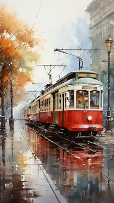 a painting of a red and white train on the tracks in the rain with trees