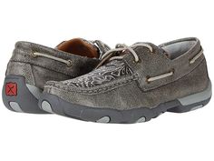 Twisted X WDM0130 - Women's Shoes : Grey/Multi : The Twisted X WDM0070 lace-up shoe blends the style of a boat shoe with the comfort of a driving moc for an elevated comfortable look that will easily become your go-to favorite. Boat shoes with a casual silhouette and moc toe design. Full-grain leather upper with a distressed finish and intricate floral tooling at vamp. Textile lining for breathable wear. Removable, machine washable SD footbed with antimicrobial and moisture-wicking properties. C Casual Slip-on Boat Shoes With Textured Sole, Casual Slip-on Boat Shoes With Stitched Sole, Casual Boat Shoes With Plain Toe, Casual Low-top Moccasins With Textured Sole, Casual Lace-up Sneakers For Boating, Casual Boat Shoes With Textured Sole, Casual Walking Moccasins With Leather Sole, Casual Slip-on Boat Shoes For Outdoor, Casual Moccasins With Leather Sole For Walking