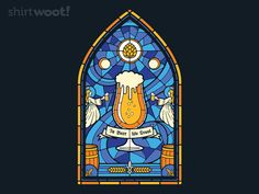 a stained glass window with an angel holding a beer