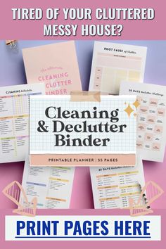 the cleaning and declutter binder is on display in front of a pink background