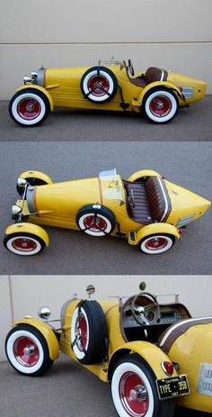 three different views of an old model car