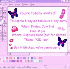 a screen shot of a birthday party with pink and purple butterflies on the front, text reads you're totally involved