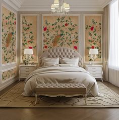 a bedroom with floral wallpaper and chandelier