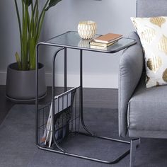 a living room with a gray couch and a grey chair next to a potted plant