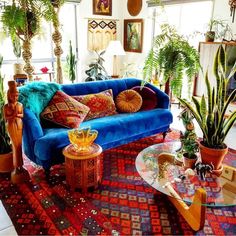 a living room filled with lots of plants next to a blue couch and coffee table