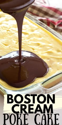 boston cream poke cake is being drizzled with chocolate on the top and bottom