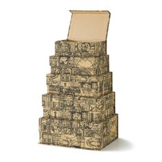 a stack of four boxes with drawings on them, all stacked in the same direction