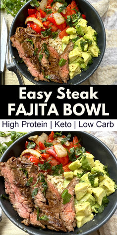 Images of steak fajita bowls with cauliflower rice and avocado High Protein Dinner Low Carb, Hi Protein Low Carb Meal Prep, Protein And Veggie Meals Clean Eating, High Protein Meals Muscle, Meal Prep For Losing Weight Recipes, Low Glucose Meals, High Protein Quick Dinner, Easy Weeknight Low Carb Dinners, High Protein Low Carb Recipes Lunch