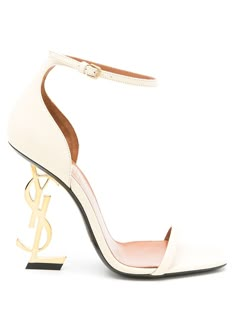 Find SAINT LAURENT Opyum 100mm Ysl Heel Sandals on Editorialist. real beige/gold leather square toe single toe strap branded insole buckle-fastening ankle strap 100mm signature YSL initials heel Hak Tinggi, Beige Sandals, Ysl Heels, Ysl Shoes, Saint Laurent Shoes, White Heels, Designer Sandals, Designer Heels, Gold Leather