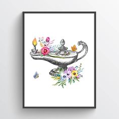 a watercolor drawing of a teapot with flowers and candles on it, in front of