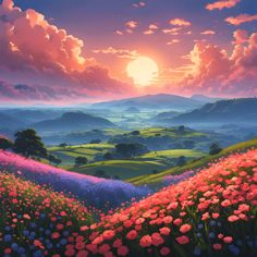 a painting of a beautiful sunset over a field with flowers and hills in the background