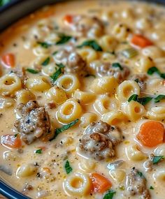 a bowl of pasta soup with meatballs and carrots