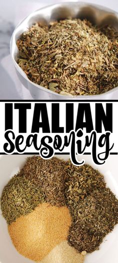 italian seasoning mix in a white bowl with the words italian seasoning next to it