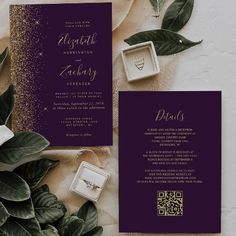 an elegant wedding suite with purple and gold glitter on the cover, ring box and napkin