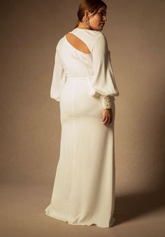 Long Sleeve Stretch Wedding Gown, Long Sleeve Stretch Gown For Wedding, Stretch Long Sleeve Gown For Wedding, Stretch Long Sleeve Maxi Dress For Wedding, Fitted Long Sleeve Gown With Draped Sleeves, Long Sleeve Evening Dress With Back Zipper For Wedding, Long Sleeve Wedding Dress With Draped Sleeves, Fitted Maxi Dress With Sheer Sleeves For Wedding, Wedding Gown With Draped Long Sleeves