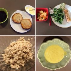 there are four pictures of different foods on the same plate, and one has rice in it