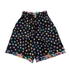 New With Tags Size M: 10/12 Elastic Waistband Front Pockets Button Appliqus At Waist Multicolor Dotted And Floral Print 100% Cotton Measurements: Waist: 9 Inches Inseam: 6 Inches Casual Multicolor Bottoms With Button Closure, Playful Black Shorts For Summer, Playful Black Cotton Shorts, Retro Black Spring Shorts, Kids Bottoms, Orange Black, Elastic, Floral Prints, Floral