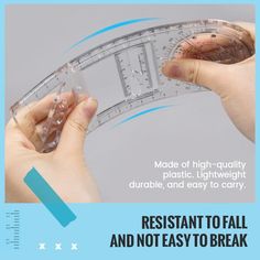 two hands holding a plastic ruler with the words resistant to fall and not easy to break