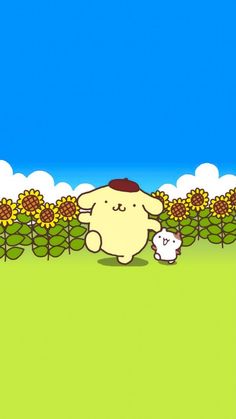 a cartoon sheep standing in front of a field with sunflowers