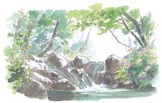 a watercolor painting of a waterfall in the woods with rocks and flowers around it