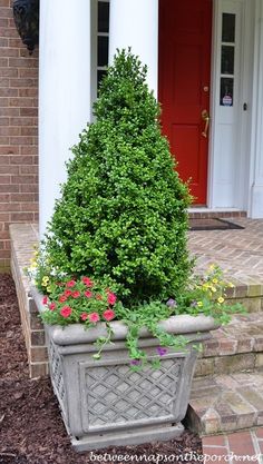 a planter filled with flowers sitting in front of a red door and white pillars