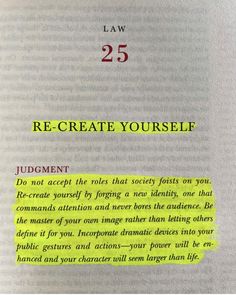 an open book with the words law 25 re - create yourself written in green and yellow