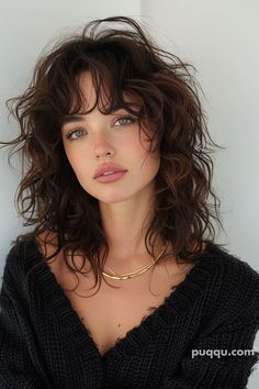 70 Curly Hair, Medium Length Haircut For Wavy Hair Round Face, Short Curly Haircuts With Bangs Fringes, Medium Wavy Shag With Bangs, Wavy Hair Short Layers, Curly Shag With Curtain Bangs, Curly Shag Haircut With Bangs, Medium Curly Shag, Short Wavy Hair Bangs