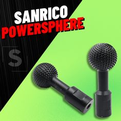 two black microphones sitting next to each other on a green and black background with the words sanrio powerspher