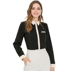 It's a perfect piece as a casual but eye-catching top for work, office, or business occasions to keep your fall styling effortless. This button-up shirt with a color-block design and cuffed sleeves adds subtle texture and casual charm to your look. To style it now, pair it with work pants. The color block design in the collar and cuffs adds a subtle feminine twist and a stunning staple to your modern closet with the workwear-inspired style of this long-sleeve blouse. The smooth and soft fabric, Long Sleeve Blouse With Button Closure For Work, Long Sleeve Office Shirt With Back Button Closure, Office Lady Business Shirt Button-up, Collared Blouse For Workwear, Long Sleeve Blouse With Back Button For Office, Long Sleeve Blouse With Back Button Closure For Office, Professional Button-up Tops For Office Wear, Black Office Lady Blouse For Work, Office Lady Black Blouse For Office