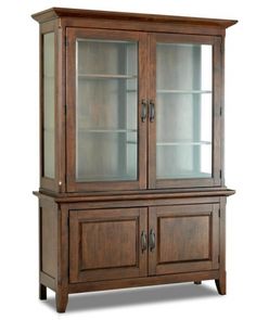 a wooden china cabinet with glass doors on the top and bottom shelves, in an antique style