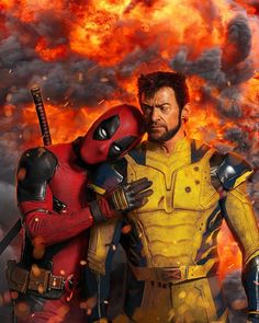 two deadpools are hugging each other in front of a large fire and clouds