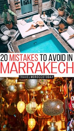 an outdoor pool surrounded by hanging lights and potted plants with text overlay that reads, 20 mistakes to avoid in marrakech