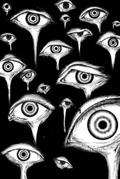 an artistic black and white drawing of many eyes