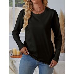 Season:Winter,Fall; Fabric:100% Cotton; Sleeve Length:Long Sleeve; Look After Me:Machine wash,Washable,Wet and Dry Cleaning; Gender:Women's; Style:Casual; Elasticity:Micro-elastic; Tops Type:T Shirt; Occasion:Daily,Weekend; Top Length:Regular Tops; Fit Type:Regular Fit; Pattern:Plain; Neckline:Round Neck; Brand:Shall We; Listing Date:08/30/2024 Fall Winter 2024, Fall Fabric, Winter 2024, Season Winter, Wet And Dry, Tshirts Online, Shirt Online, Women's Style, Cotton T Shirt