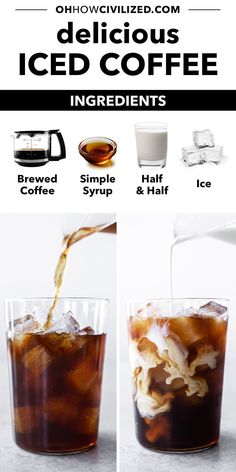 iced coffee being poured into a glass with ice cubes and ingredients to make it