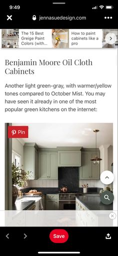 an image of a kitchen with green cabinets and black counter tops on the phone screen