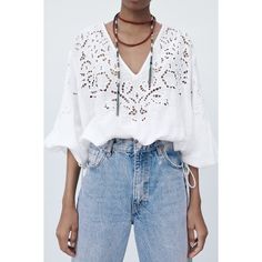 White Zara Eyelet Openwork Cutwork Embroidery Elastic Hem Blouse Top -Tie Sleeve Detail Bohemian Broderie Anglaise Lace Top For Summer, Embroidered Bohemian Lace Top For Summer, Summer Long Sleeve Top With Broderie Anglaise, Summer Long Sleeve Tops With Cutwork, Summer Long Sleeve Cutwork Tops, Spring Bohemian Lace Embroidered Top, Bohemian Embroidered Lace Top For Summer, Zara Bohemian Crochet Top, Bohemian Embroidered Lace Top With Lace Trim