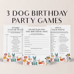 three dogs birthday party games with the text 3 dog birthday party games on top of them