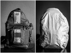 the back and side view of a backpack covered in a tarp, sitting on a table