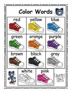 color words worksheet with different shoes