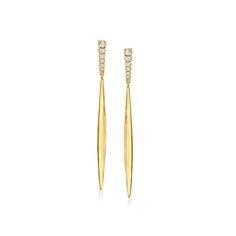 Ross-Simons - .15 ct. t. w. Diamond Linear Drop Earrings in 14kt Yellow Gold. RS Pure. Modern designs that complete your outfit and complement your personality. Elevate with elegance. Our simple earrings suspend sleek linear drops of 14kt yellow gold from sparkling bars of .15 ct. t. w. round and round brilliant-cut diamonds above. Hanging length is 1 3/4". Post/clutch, diamond linear drop earrings. Diamond birthstones are the perfect gift for April birthdays. Drop Earrings Diamond, Diamond Birthstone, Yellow Gold Jewelry, Earrings Diamond, Stone Cuts, Simple Earrings, Round Brilliant Cut Diamond, Brilliant Cut Diamond