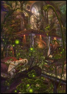 an image of a fantasy garden with lots of green plants and lights in the background